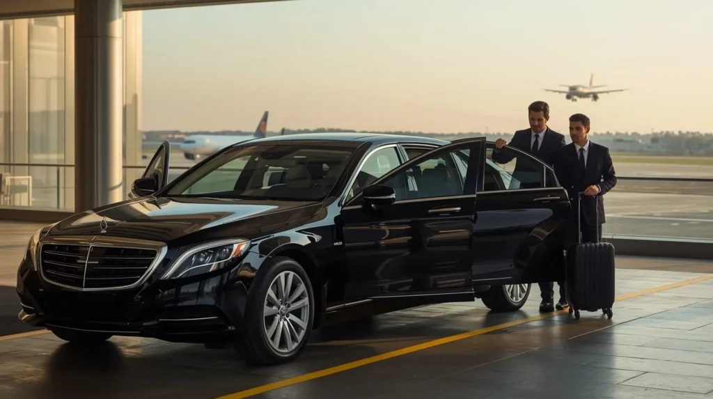 Airport chauffeur helping passenger with luggage