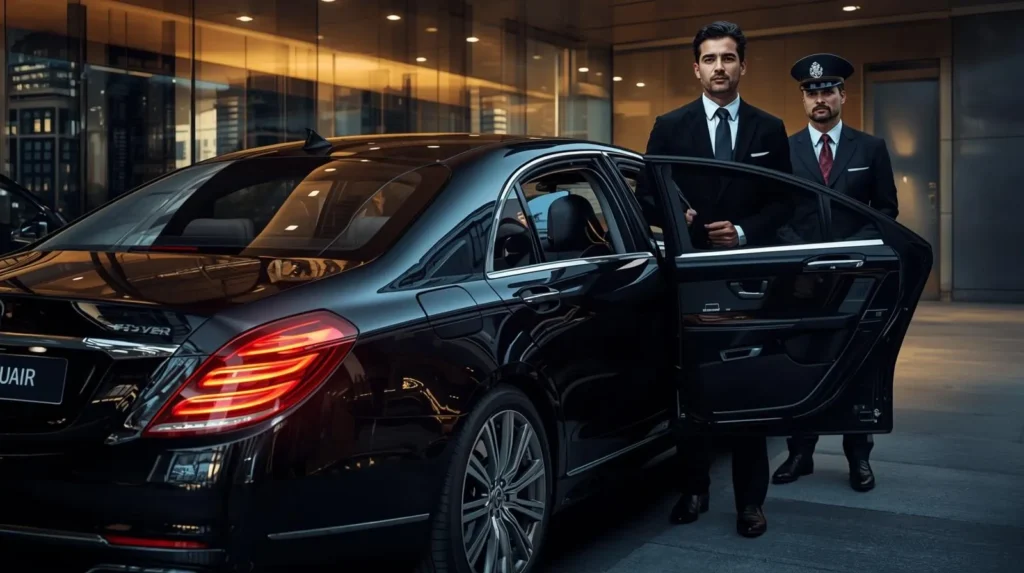 Chauffeur opening luxury car door for passenger