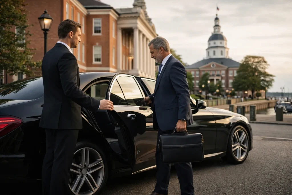 Chauffeur assisting businessman entering luxury car