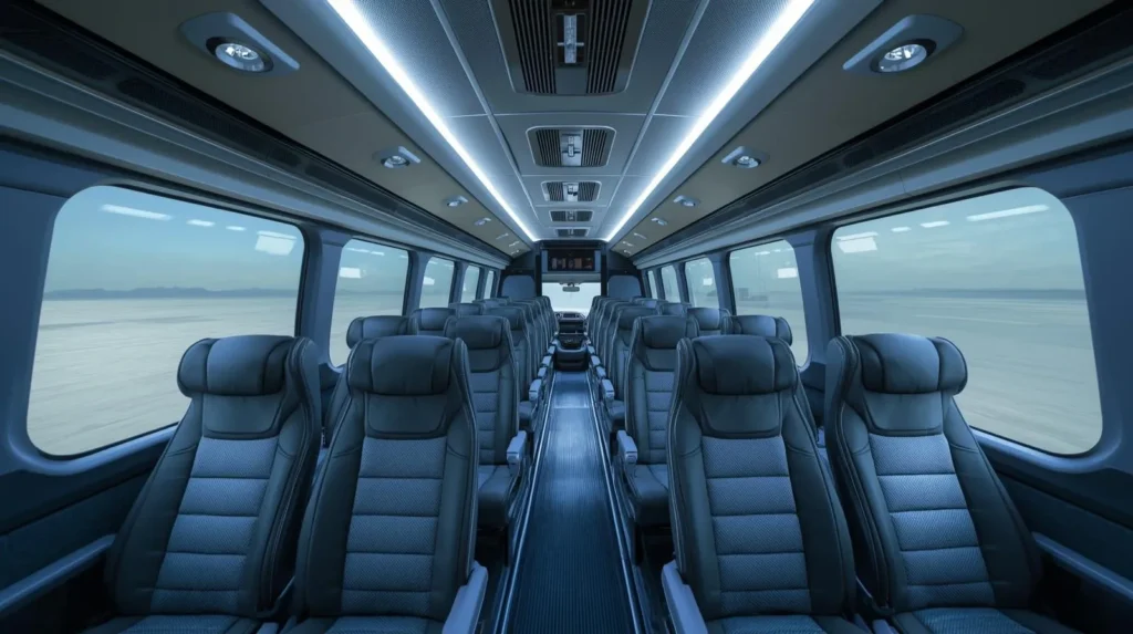 Comfortable passenger van interior with multiple seats