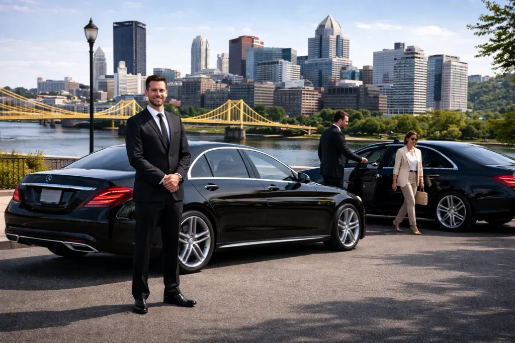 Professional chauffeurs with luxury cars in city