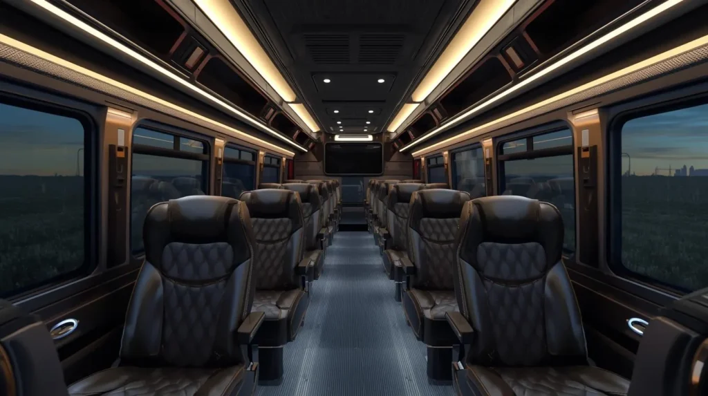 Luxury mini bus interior with comfortable passenger seating