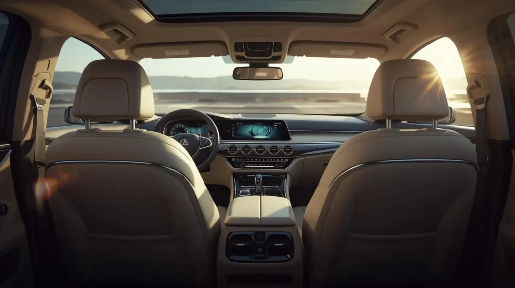 Luxury sedan interior with panoramic sunroof and leather seats