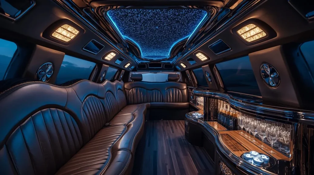 Luxury limousine interior with premium seating and ambient lighting