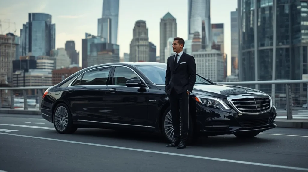 Chauffeur standing beside luxury limousine in city
