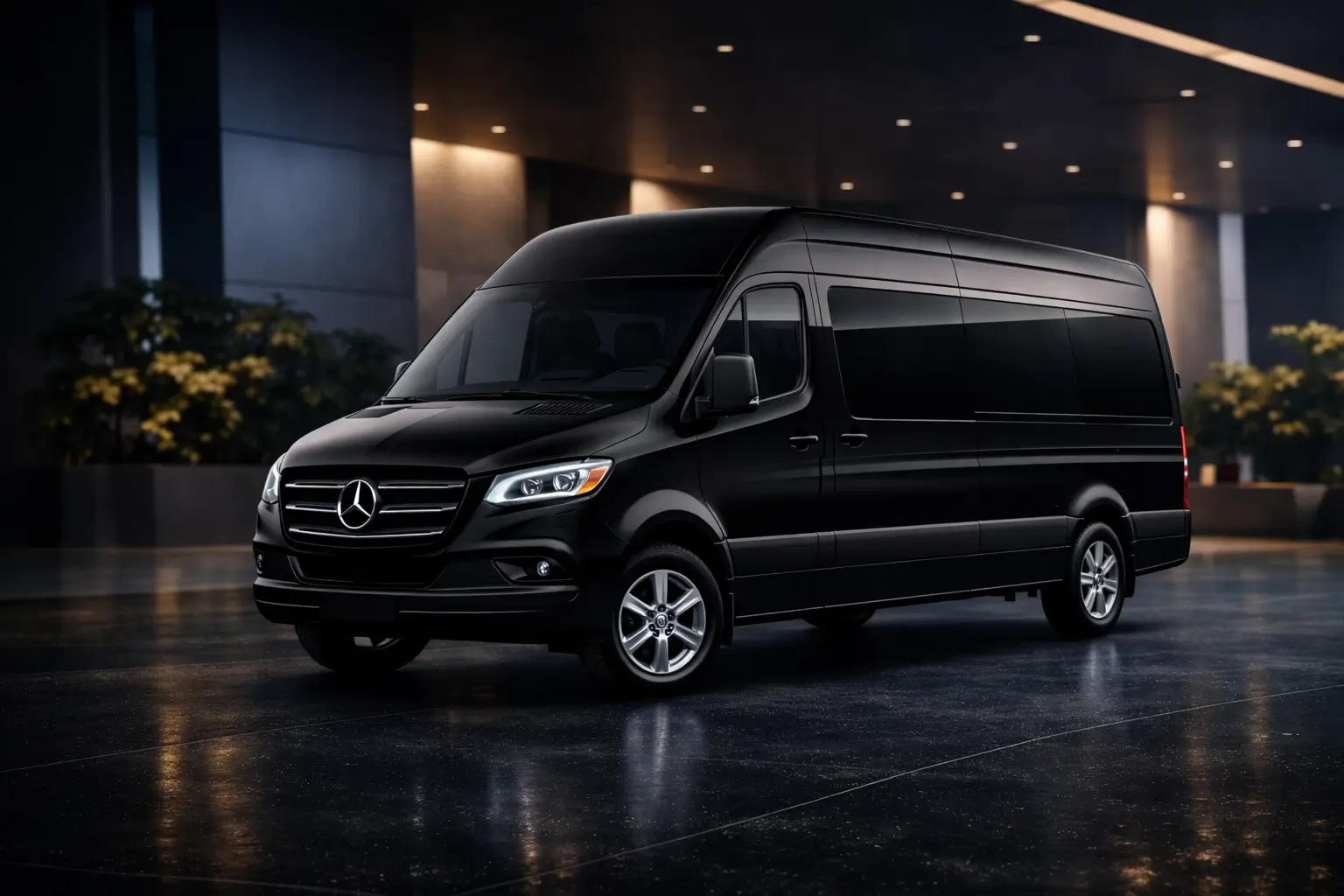 Black 14 passenger luxury van on dark studio background.