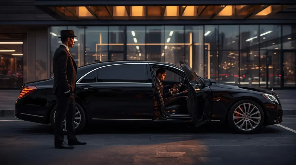 Luxury chauffeur waiting beside executive sedan
