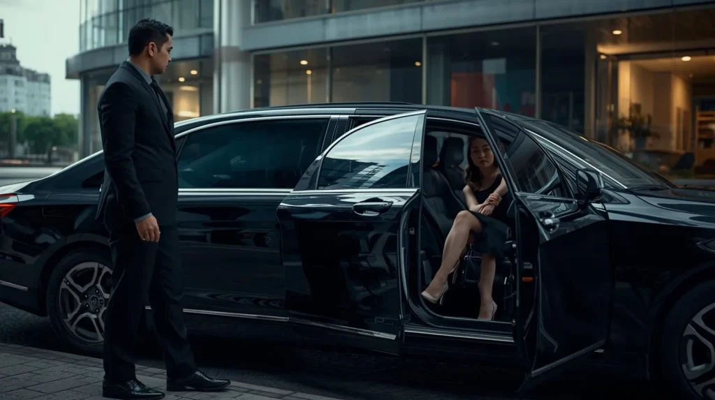 Chauffeur opening luxury car door for passenger