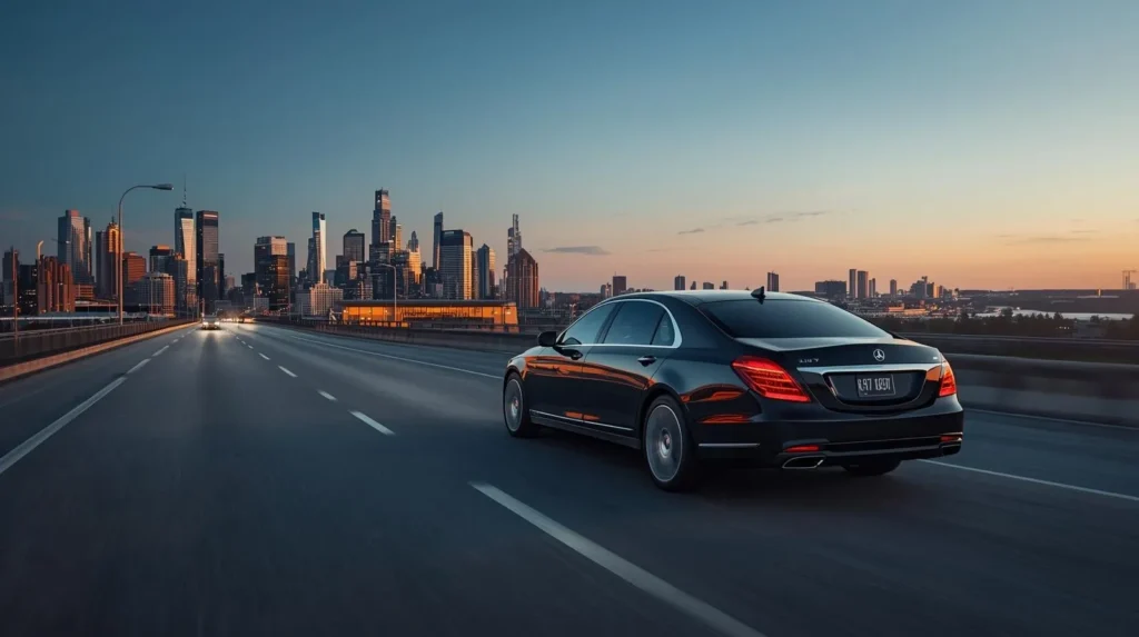 Luxury chauffeur car driving in city