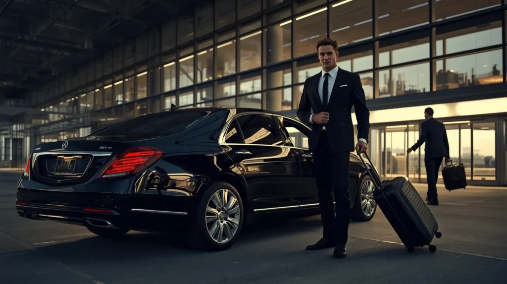 Business traveler with luggage beside luxury sedan