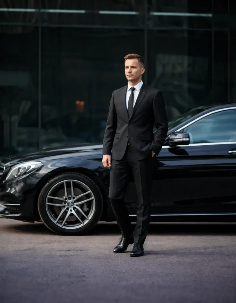 Professional chauffeur standing by luxury car