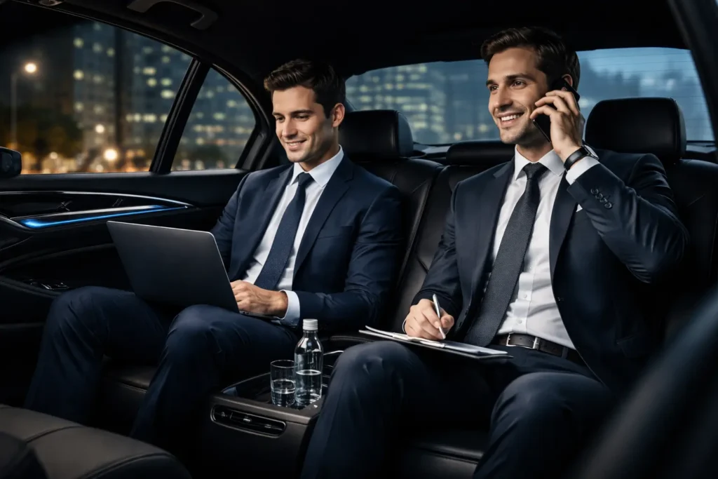 Business executives working inside luxury chauffeur car