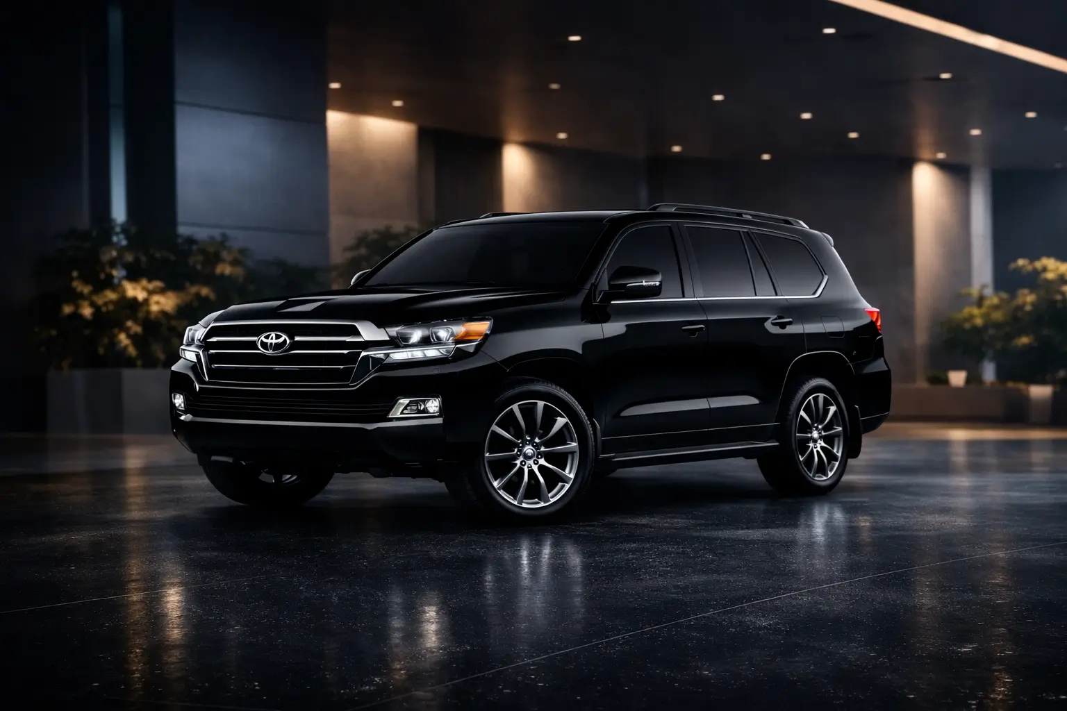 Black full-size luxury SUV parked outside a modern building at night.