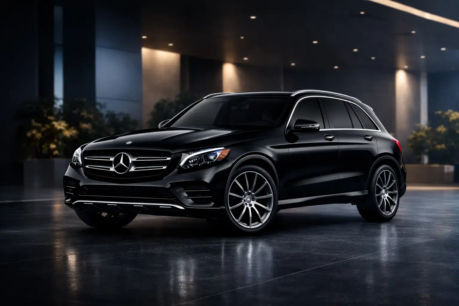 Black luxury SUV parked outside a modern building at night.