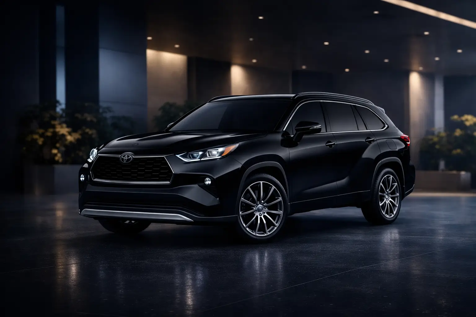 Black mid-size luxury SUV on dark studio background.