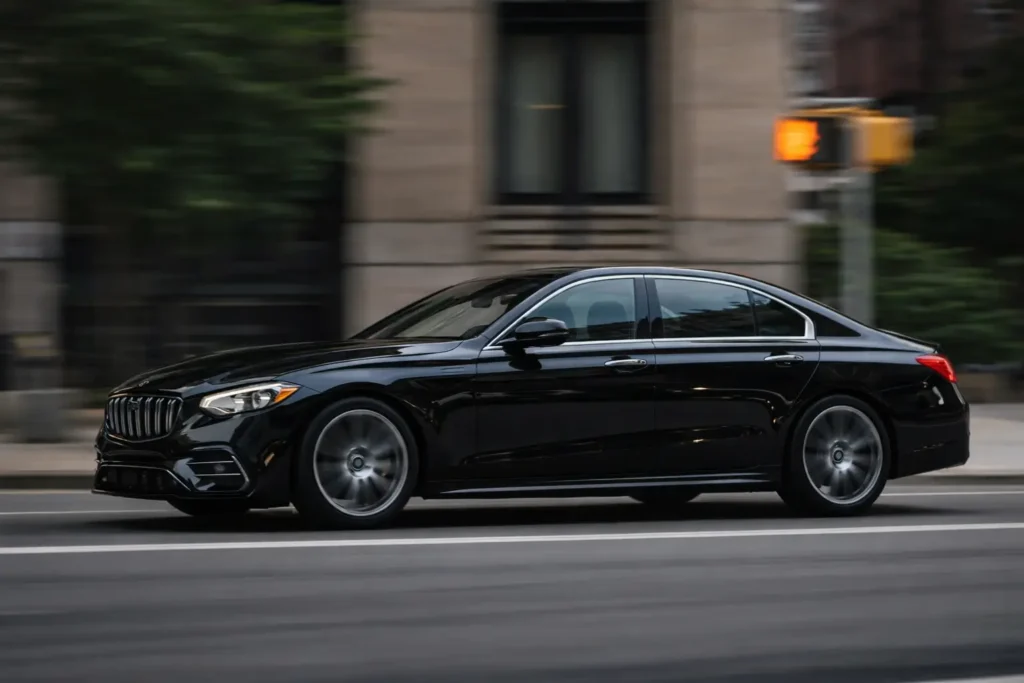 Luxury black chauffeur sedan driving through city street.