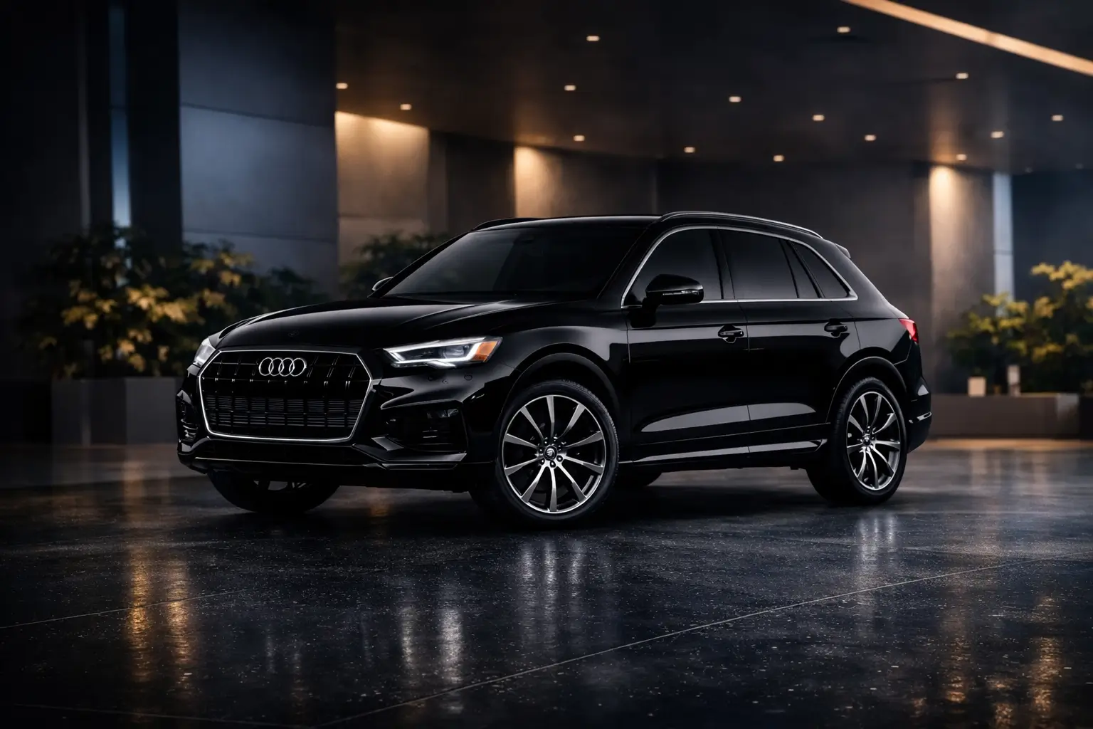 Black premium luxury SUV on a dark studio background.