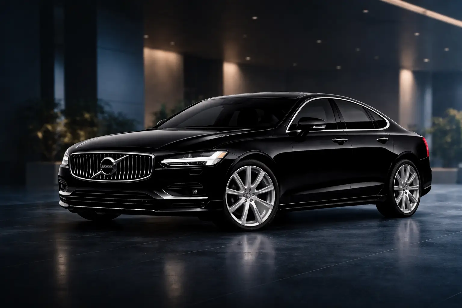 Black luxury sedan parked in a modern building entrance with glossy floor and night lighting.