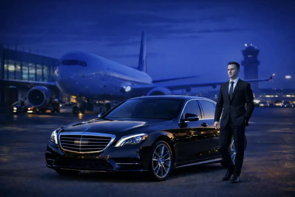 Chauffeur with luxury car at airport