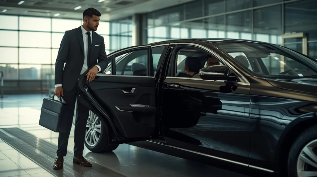Business traveler entering luxury chauffeur car