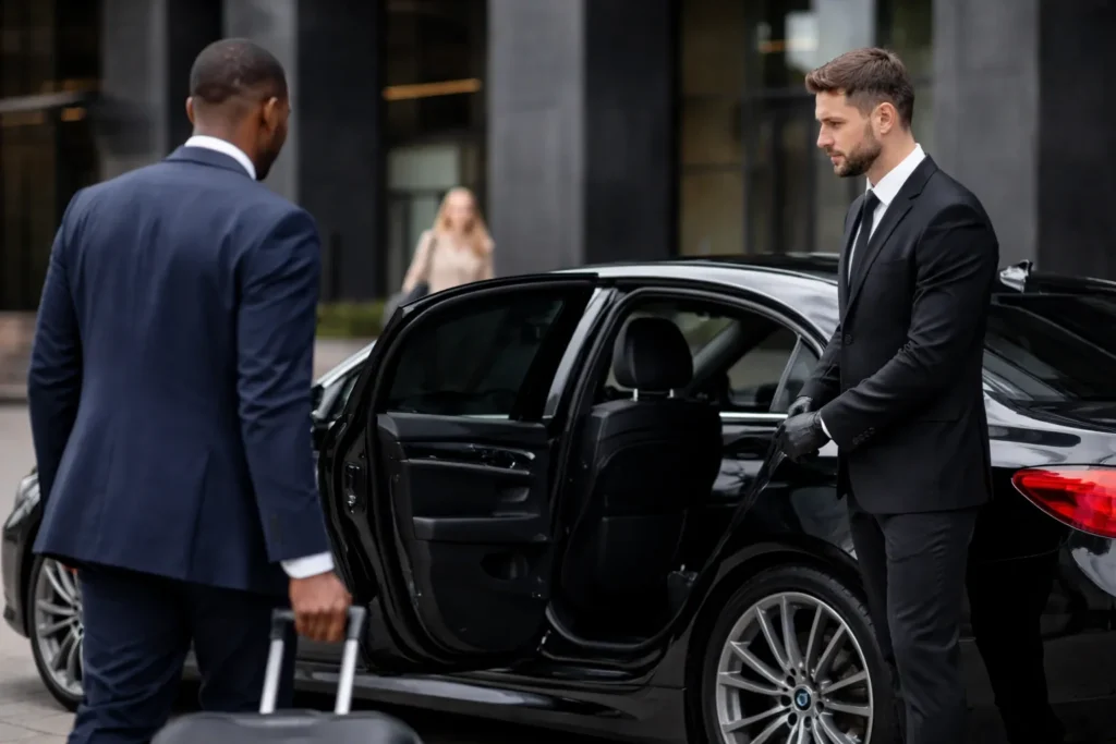 Professional chauffeur opening car door for business traveler