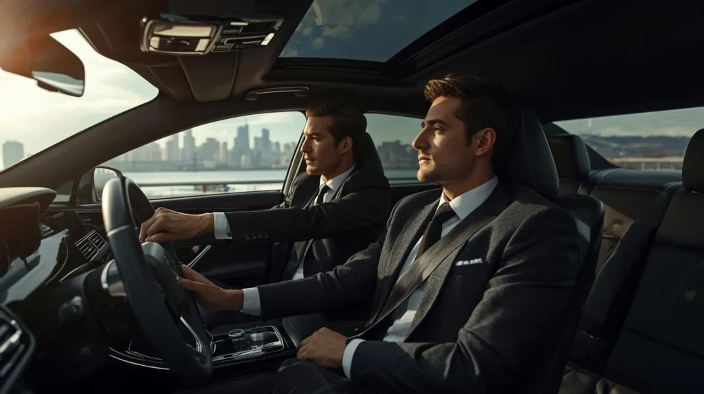 Chauffeur driving executive passenger in luxury car