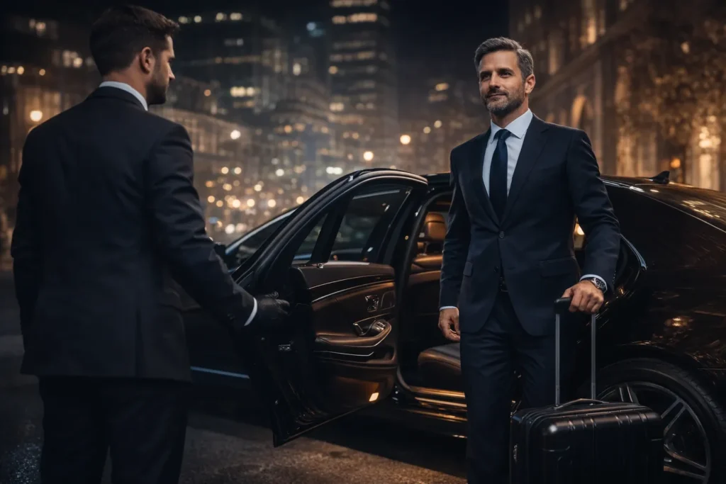 Luxury chauffeur greeting traveler beside premium black sedan at night