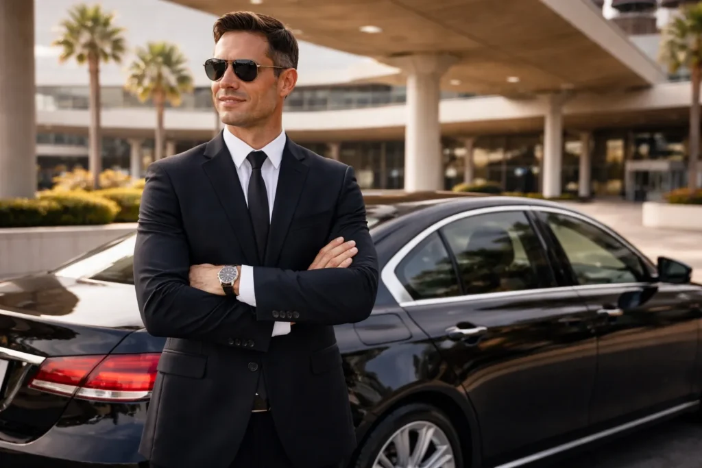 Professional chauffeur with luxury executive car