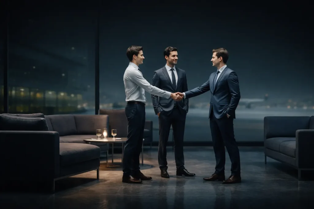 Business professionals shaking hands after successful meeting