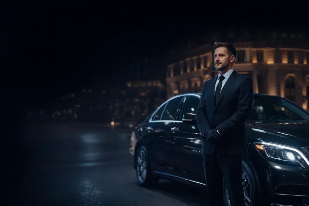 Professional chauffeur standing beside luxury black sedan at night