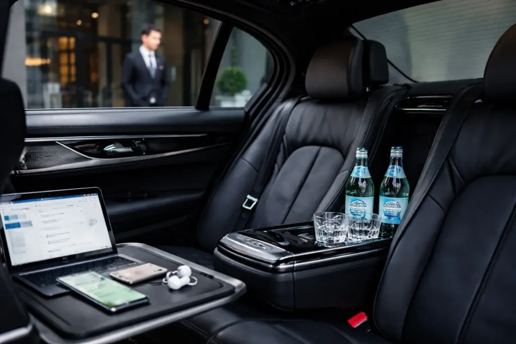 Luxury chauffeur car interior with laptop, phone, and refreshments